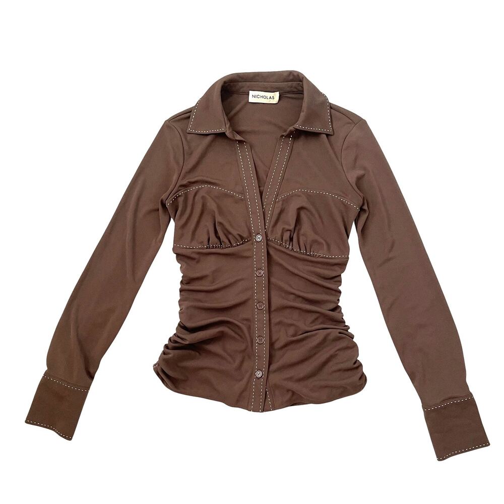 Nicholas Ruched Top - Corset Style Seams - Button Down Shirt - Brown - Size 2